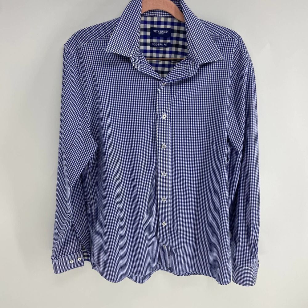 Nick Dunn Blue White check Modern Fit full button long sleeve shirt mens M